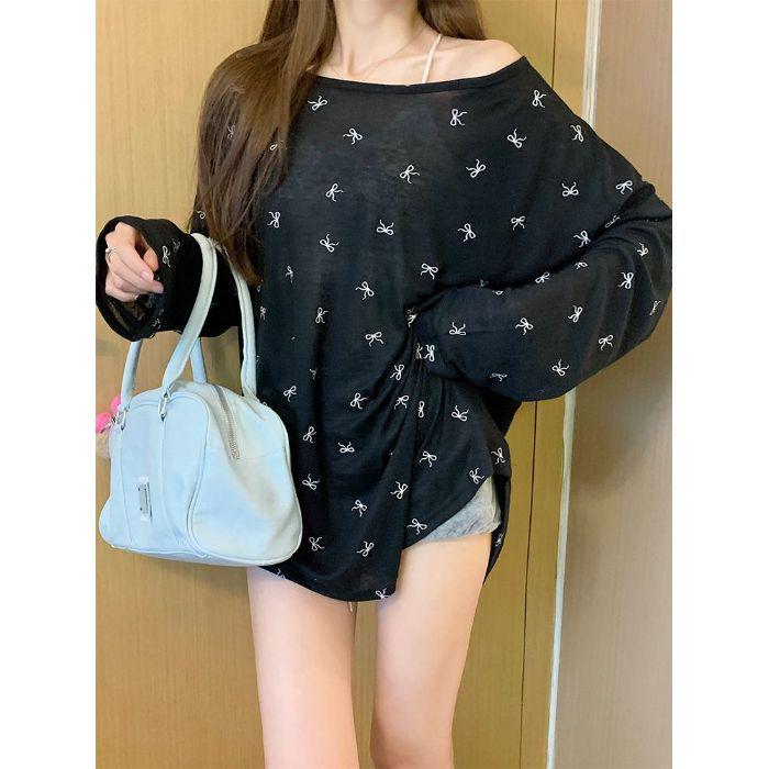 Women's Sheer Bow Print Long Sleeve Sun Protection Top - Spring/Summer Casual Cover-up