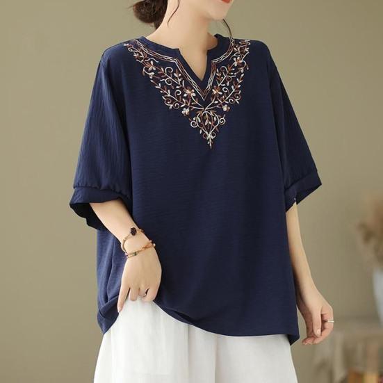 Women T-shirt Deep V Neckline Embroidery Floral Pattern Pullover Tops Pure Color Loose Fit