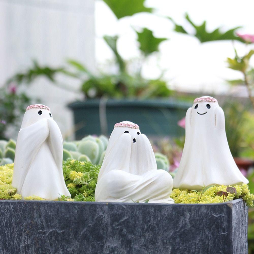 3pcs Resin Floral Haunting Ornaments Cute Ghost Figurine Halloween Ghost Decor Set  Fish Pond