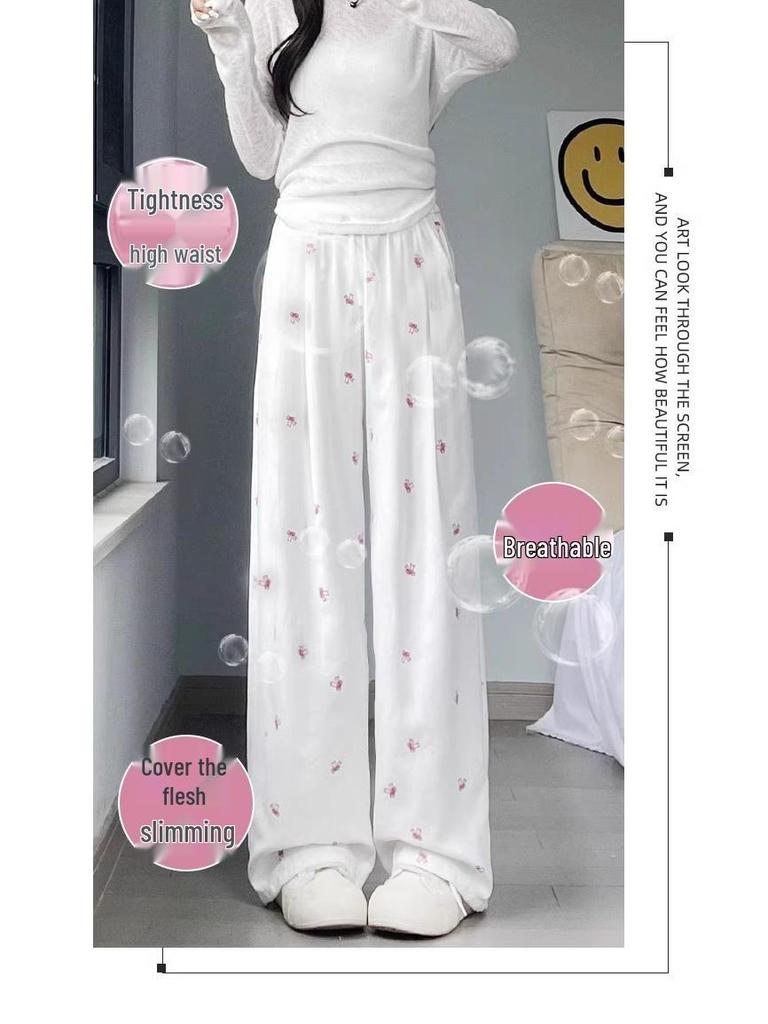White Floral High-Waisted Yamamoto Summer 2025 Bowknot Wide-Leg Casual Pants