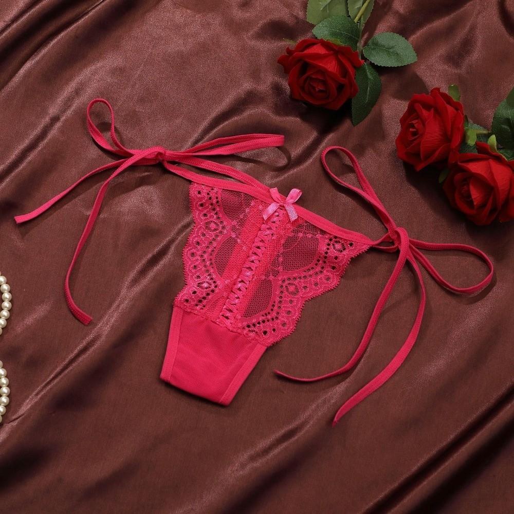 Adjustable Waist Strap Bow Lace Flower Transparent Briefs Low Waist Romantic T Panties Gift