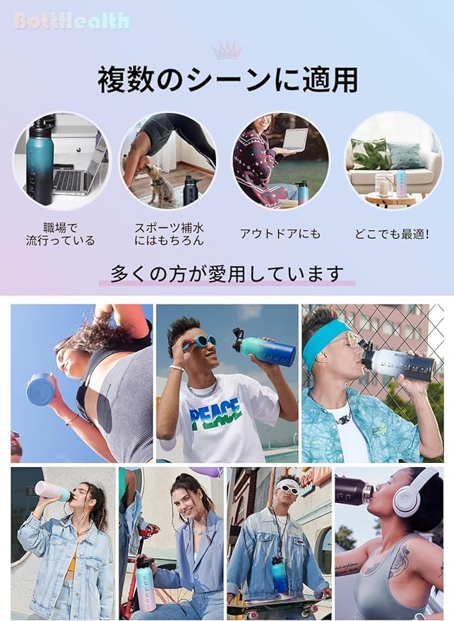 BottHealth Insulated Water Bottle, 1 Liter (1000ml), Direct Drinking, Leak-Proof, SUS304 Stainless Steel Vacuum Insulated Sports Bottle, Lightweight,