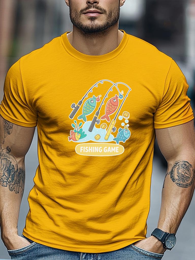Mens Summer Fishing TShirt Fishing Game Rod Fish Print Short Sleeve Round Neck Soft Oversized Playful Daily Wear
