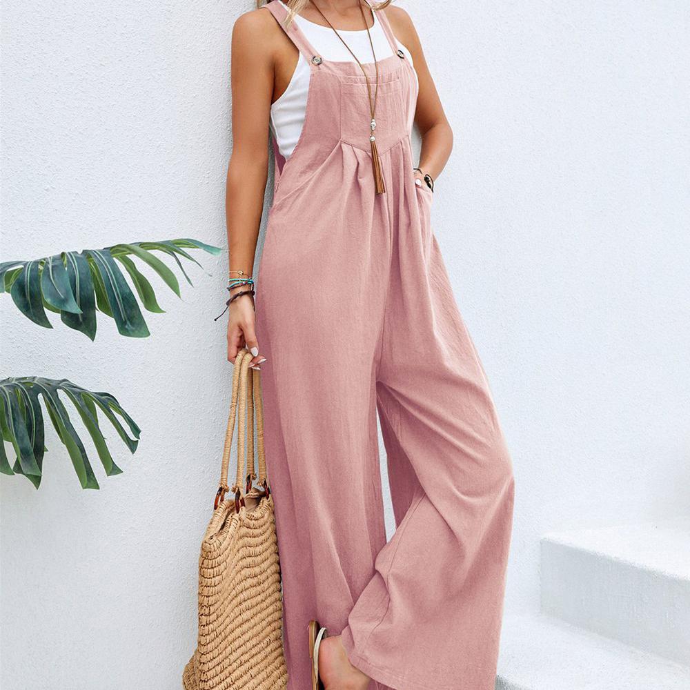 Sommer Dame Lang Jumpsuit Ensfarget Casual Løs Tynn Størrelse Ermeløs Stropper Vidt Bein Dame Seleskjørt Løs Jumpsuit