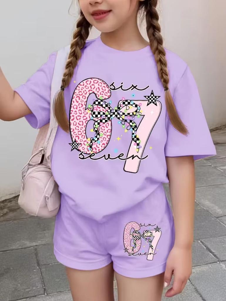 67 Six Seven Girls Clothes Cute Tie-Dye 3D Print Girls Short Sleeve T-Shirt Pants Set Casual Fashion Children's Clothes Tops