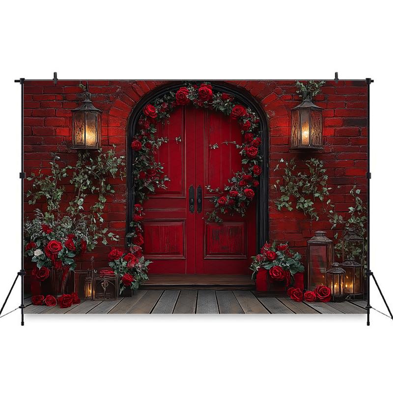 Mocsicka Valentine's Day Photo Background Rose Love Heart Flower Red Bricks Wall Door Decorations Wedding Backdrop Studio Banner
