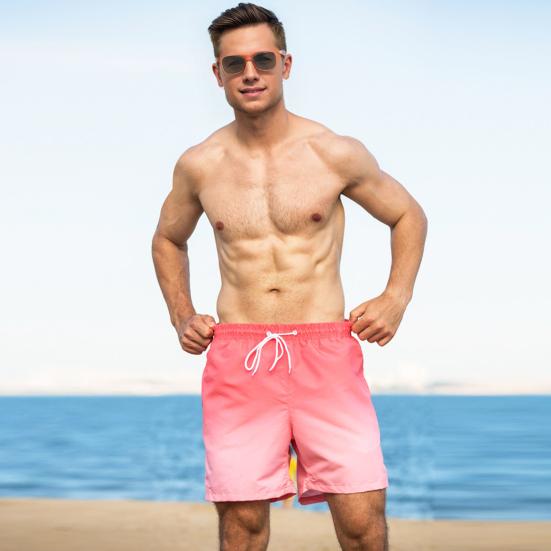 Men Beach Shorts Gradient Contrast Color Drawstring Elastic Waist Casual Daily Wear Pockets Thin Knee Length Summer Shorts Men Vacation Shorts