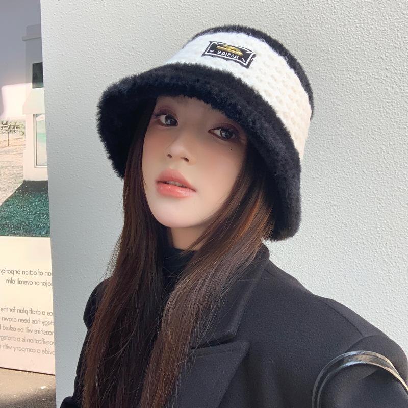 Korean Version of Autumn and Winter New Hat for Women Plush Fisherman Hat for Women High-end Metal Label for Winter Warm Face-showing Small Basin Hat