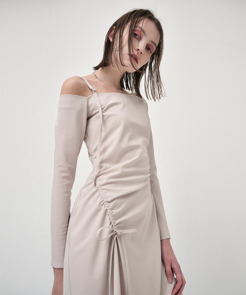 Etmont One Off Shoulder Shirring Dress, Beige