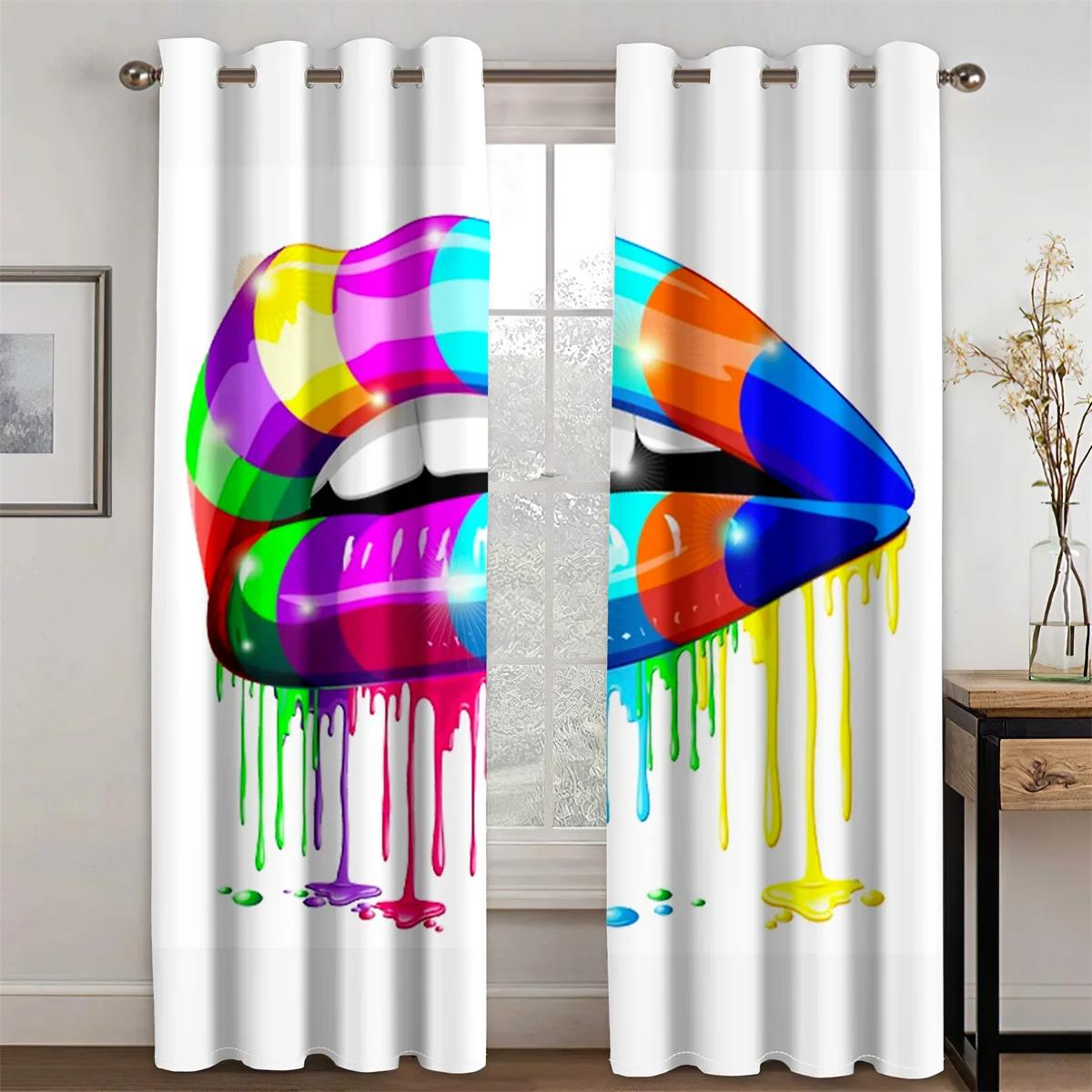 

Set Of 2 Sexy Rainbow Abstract Art Mouth Girl Drapes Window Curtains Living Room Bedroom Decor Light Filtering Made Polyester Sitting Treatment W100*H130(CM)-Hooks&2PCS