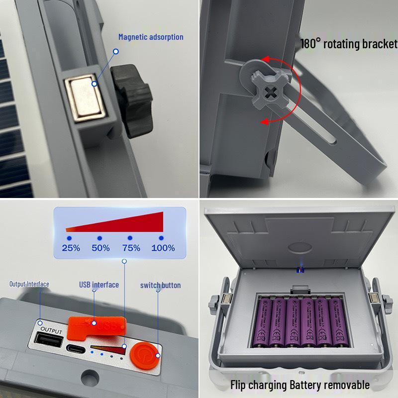 Ultra-Bright Solar Rechargeable Waterproof Portable Floodlight for Outdoor Camping and Night Market Emergencies