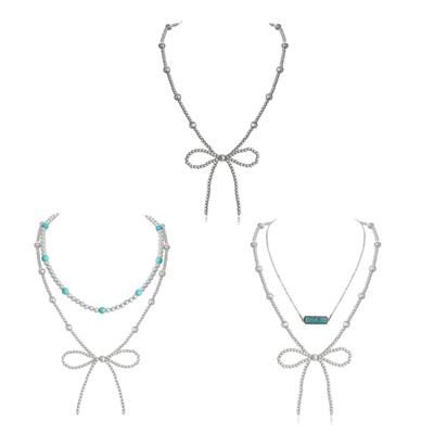 Praktische Imitationsperlen Schleifenknoten Halskette Western-Stile Türkis Schmuck für Frauen Cowgirl Modeaccessoire