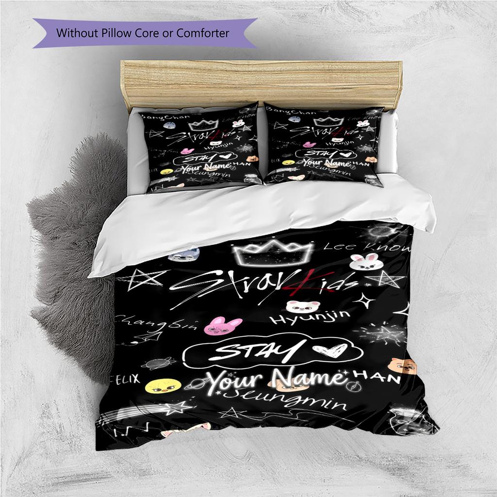 Custom Name Stray Kids Fan Art Bedding,Quilt Set Quilt Cover Pillowcase Home Birthday Gift (1 * duvet cover + 2 * pillowcase, without core)