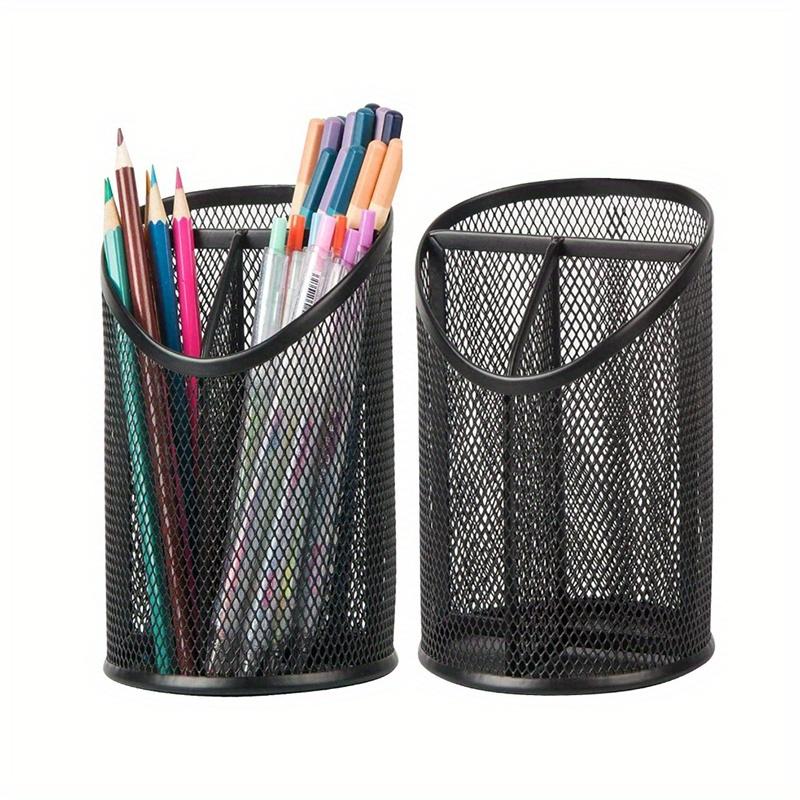 1/2pcs Pen Holder Pen Storage Box, Elegant Black Round Pen Holder - Durable Metal Material, Multi-functional Desktop Storage.