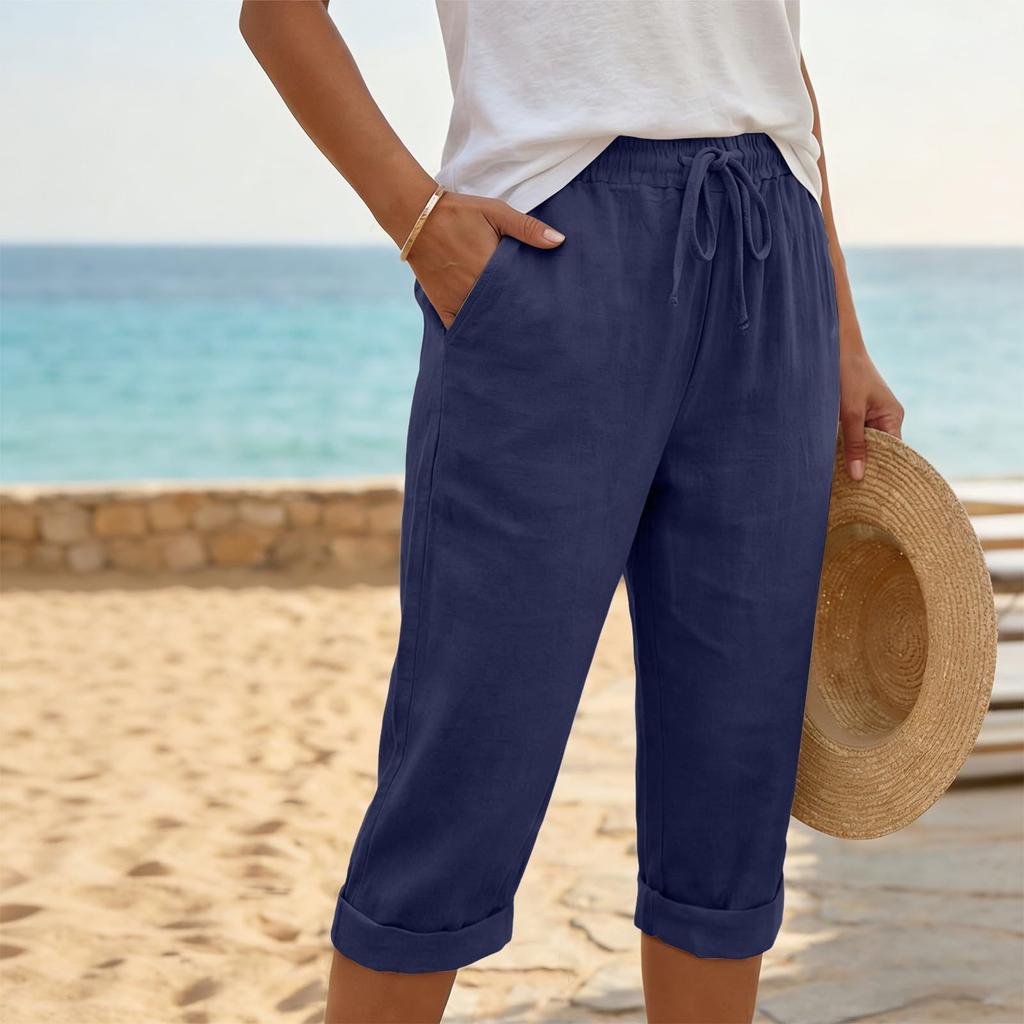 Women Drawstring Waist Linen Capri Pants with Pockets Loose Fit Lightweight Cropped Trousers for Casual Daily Wear