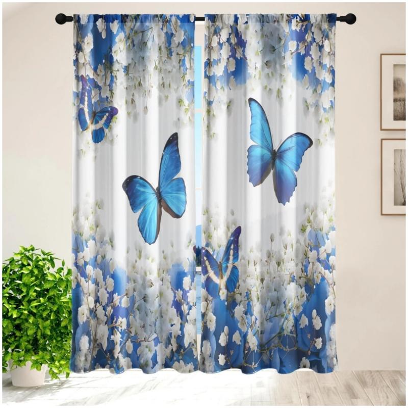 Blue and Purple Butterfly Element Printed High Shading Curtain Rod Window Treatment for Bedroom Office Kitchen Room