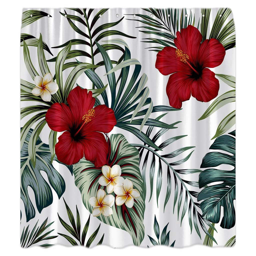 Boho Floral Shower Curtain, Hawaii Tropical Leaves Flower Bath Curtain Botanical Nature Summer Bathroom Decor Curtain with Hooks