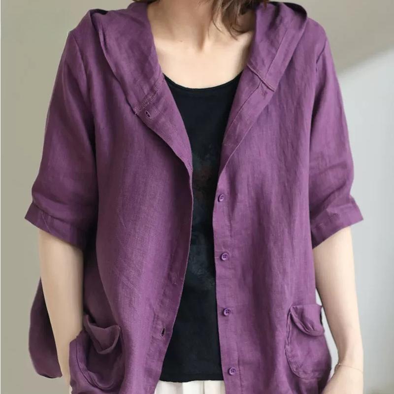 Korean Fashion Summer Women Oversized Cardigan Hooded Coffee Purple Cotton Linen Casual Loose Blouse Plus Size Vintage Ladies Thin Coat
