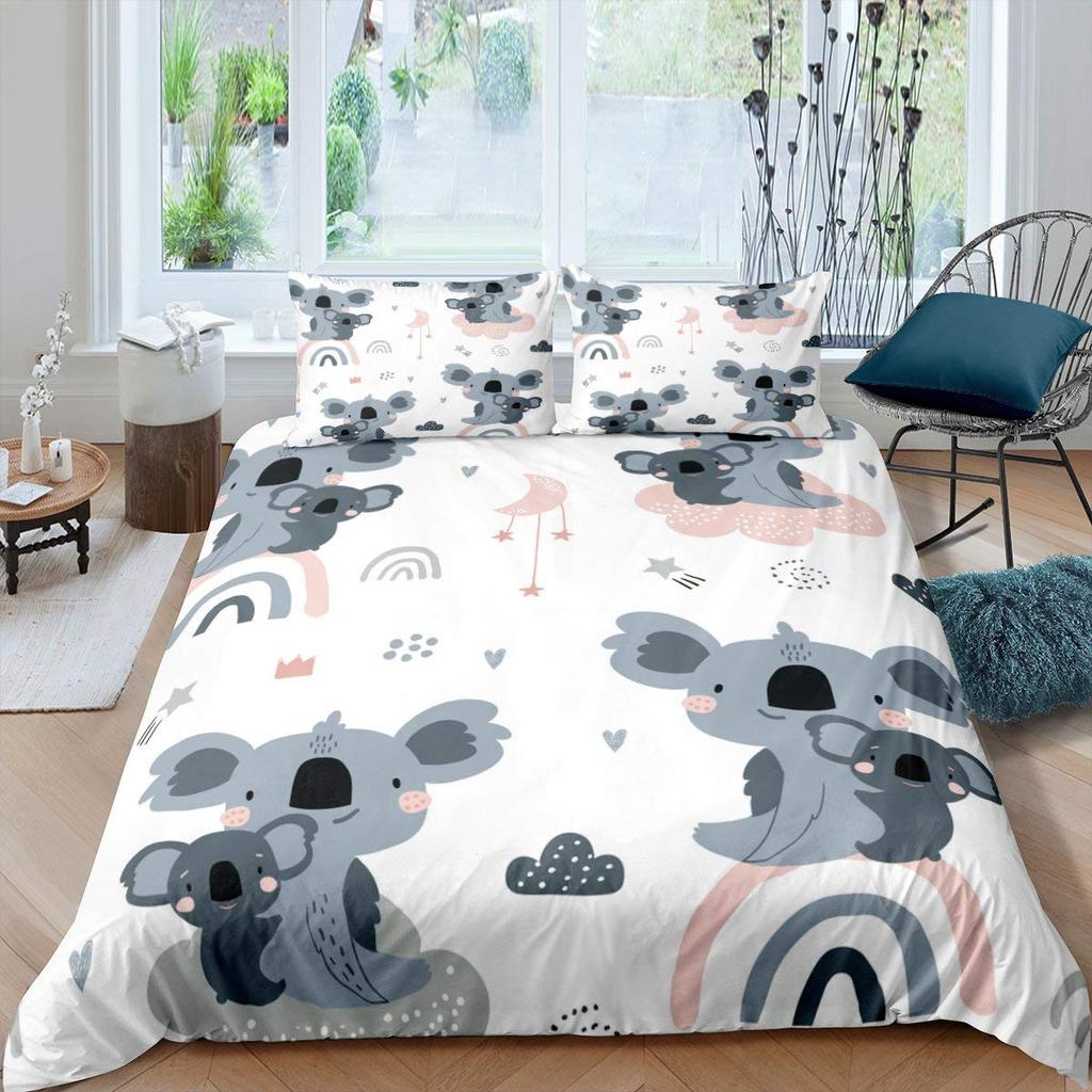 Koala-Bettwäsche-Set für Kinder, niedliches Tiermuster, Jungen und Mädchen, Regenbogen-Schmetterlings-Bettbezug, Blumenmuster