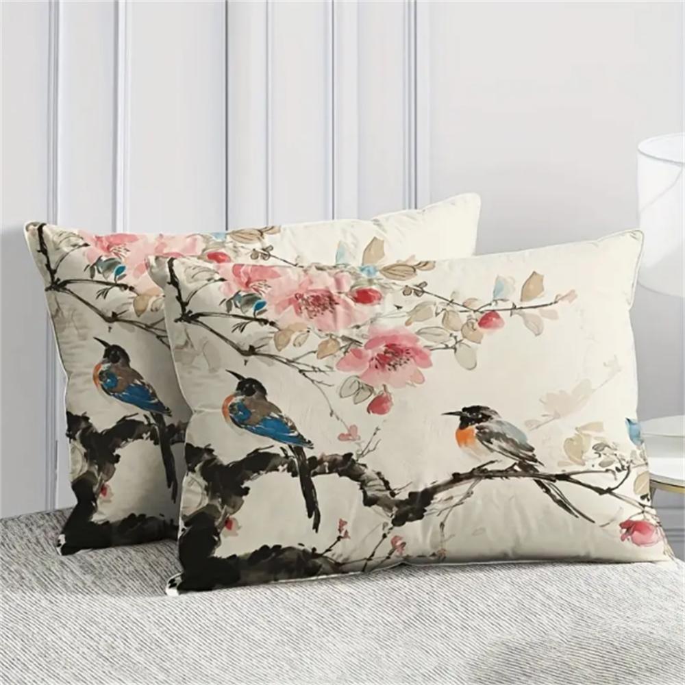 3pcs Polyester Duvet Cover Set (1*Duvet Cover + 2*Pillowcase, Without Core), Chinese Style Ink Painting Floral Bird Printed All
