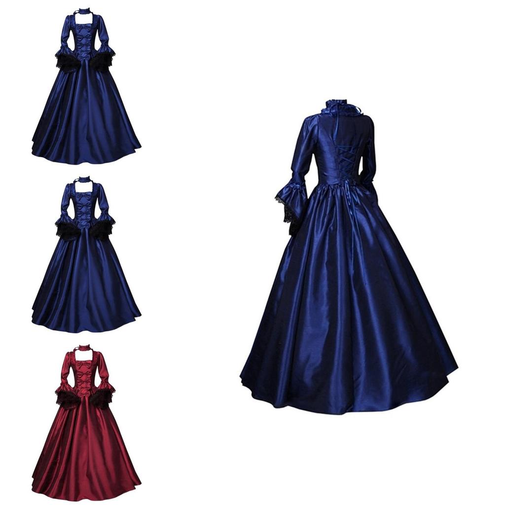 Elegant 2020wish Medieval Lace Patchwork Bell Sleeve Long Dress For Vintage Style