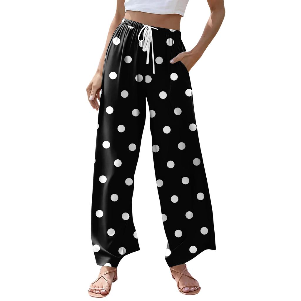 Women's Casual Dot Print Wide Leg Drawstring Pocket Beach Casual Pants