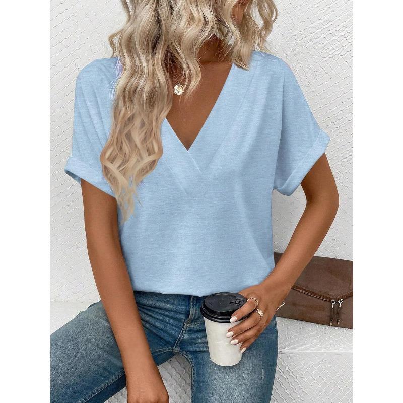 IHUASU Women's Fashion Casual Solid Color Print Short Sleeve V Neck Blouses & Shirts Unique design