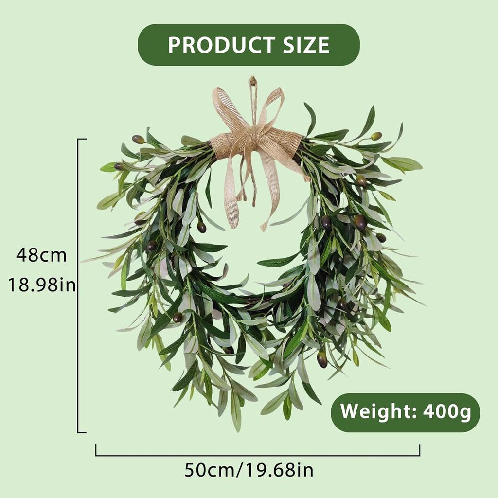 Artificial Olive Garland with Greenery Leaves – Faux Olive Wreath for Front Door, Farmhouse Wall Decor, Hanging Green Wreath for Window or Wedding