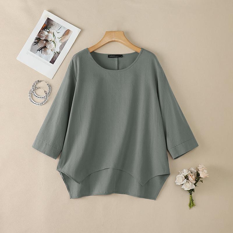 ZANZEA Women Casual Round Neck 3/4 Sleeve Loose Irregular Blouse