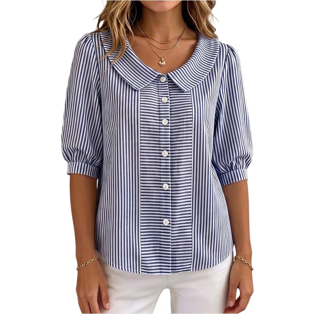 Women's Button Down Shirt Blouse with Peter Pan Collar Half Sleeve Striped Pattern Casual Office Wear Lightweight Fabric