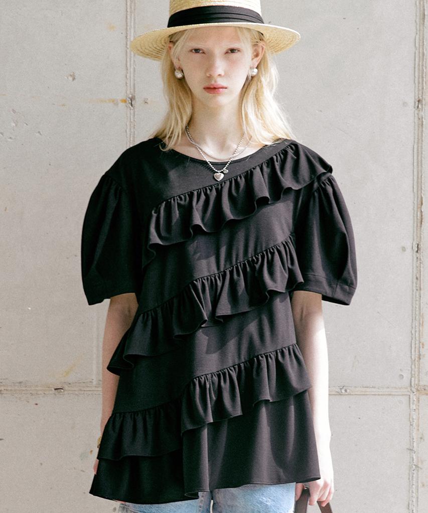 Dyuidyui Tiered Diagonal Frill Top_Black