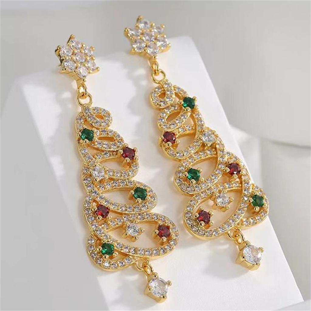 Vintage Crystal Zircon Christmas Tree Earrings for Women Temperament Rhinestone Tassel Drop Earrings Party Jewelry Bijoux Gifts