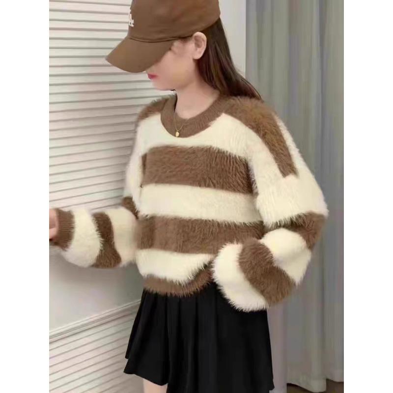 New contrasting stripes autumn and winter loose fashion lazy wind pullover women's crew neck knitted sweater women's