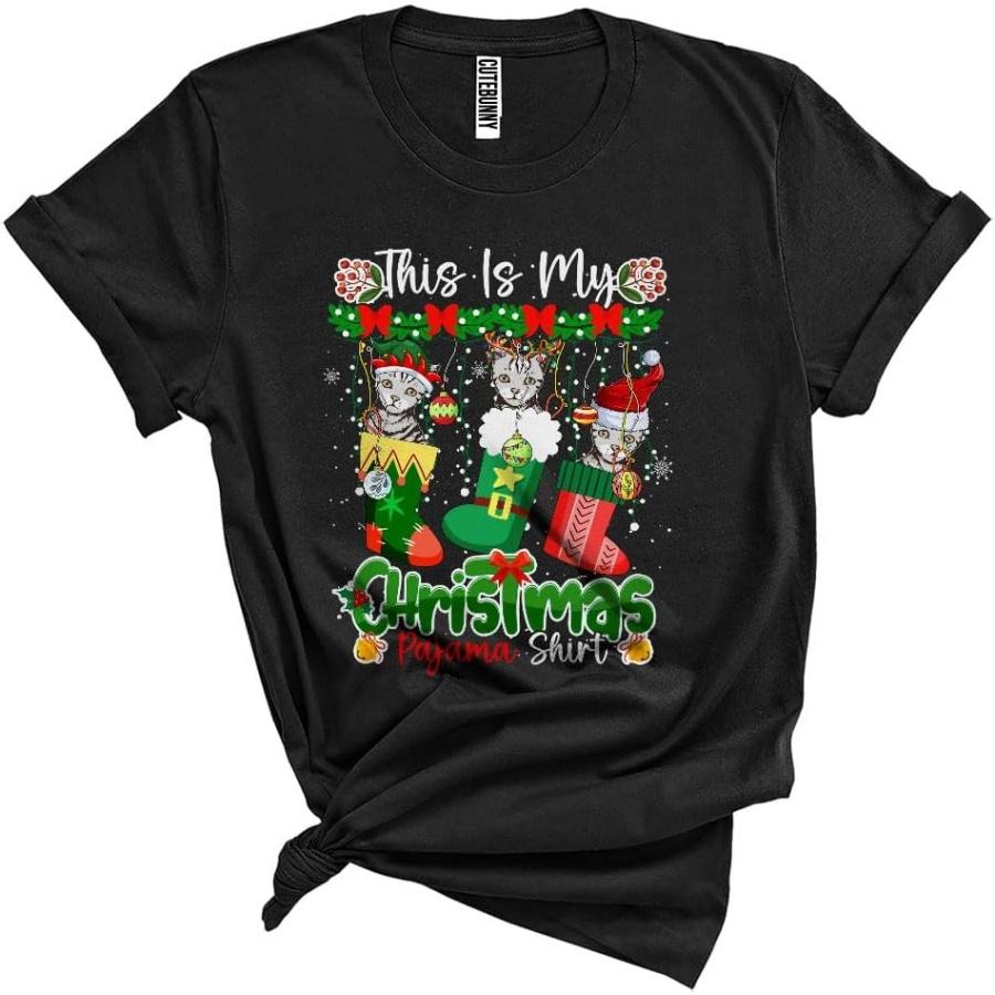 CUTEBUNNYSTORE This is My Christmas Pajama Shirt Funny Elf Reindeer Santa American Shorthair Cat in Xmas Socks Unisex T-Shirt Black S