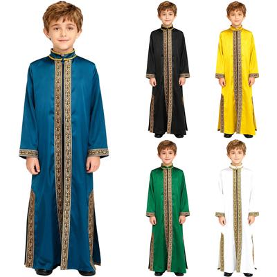 Jungen Muslimischer Thobe Langarm Stehkragen Frontschlitz Reißverschluss Goldstickerei Arabischer Kaftan Islamisches Festkleid