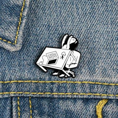 Black & White Cartoon Girl Enamel Brooch - Tired of Work Design