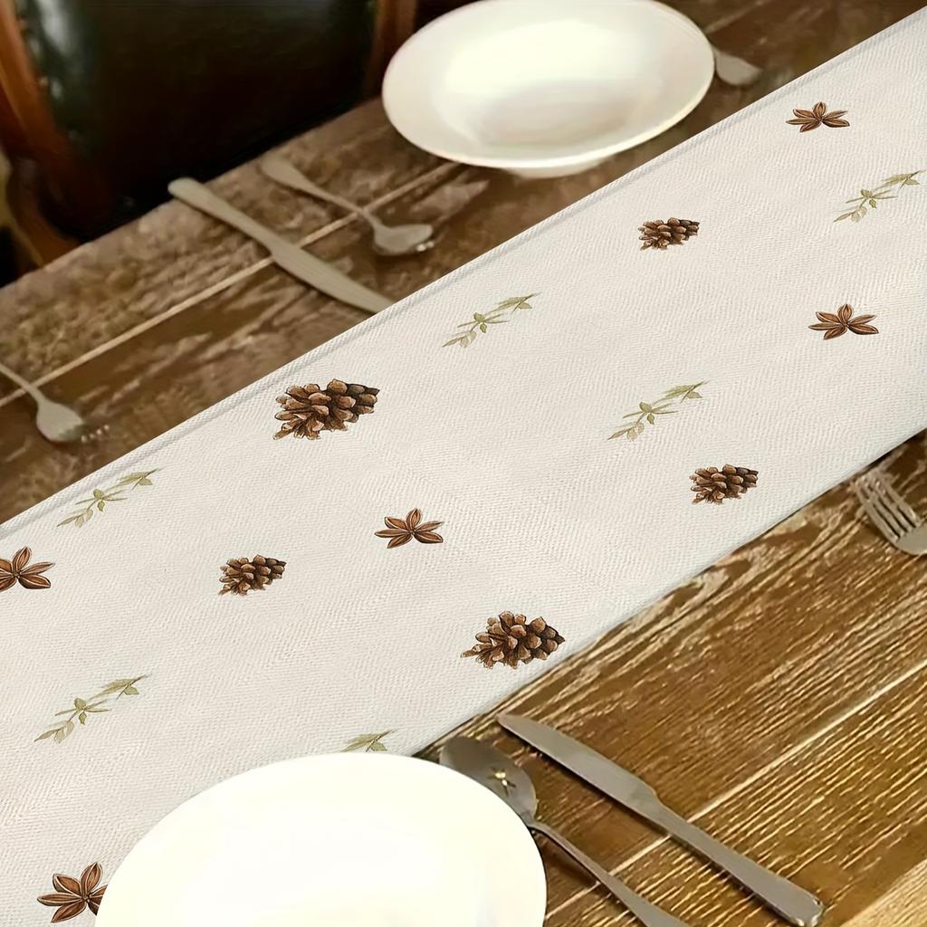 1 Piece Of Christmas Warm Candlestick Table Runner, Light Base Painted With Candles, Pine Branches, Pine Cones, Spice Patterns, Suitable For Christmas