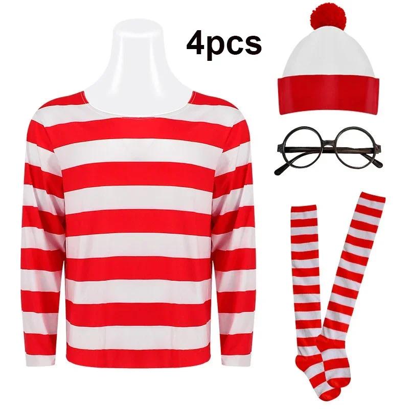 Waar is Wally Streepjeshemd Jongens Wally Kostuumhemd Bril en Hoed Sokken Unisex Volwassenen Carnaval Cosplay Kostuum S