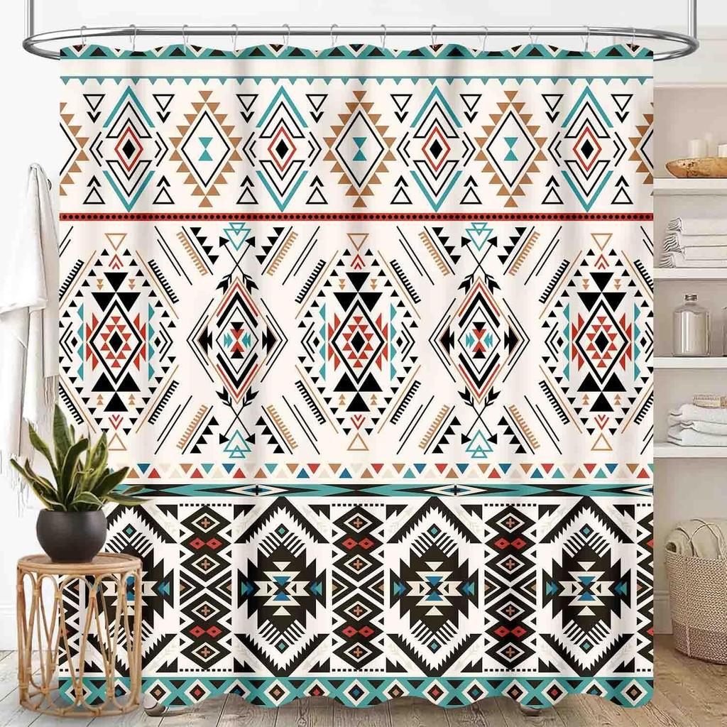 Southwestern Natvie Tribal American Ethnic Western Abstract Geometric Vintage Brown Waterproof Fabric Bathroom Shower Curtain