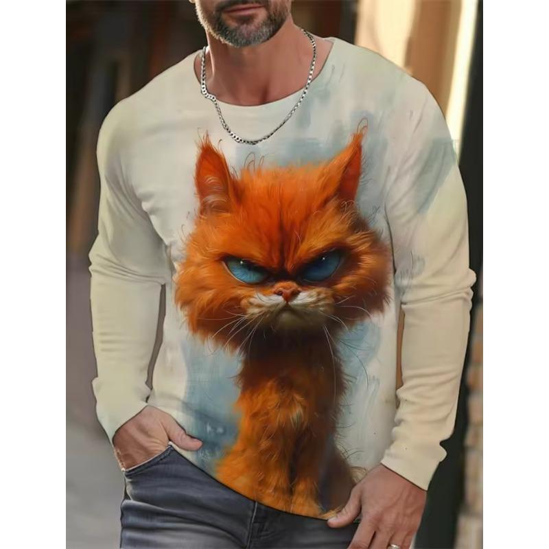 

Funny Animal Design Retro Men 3D Printing Street Casual Daily Gray Longsleeved Round Neck Shirt Spring and Autumn Clothing S