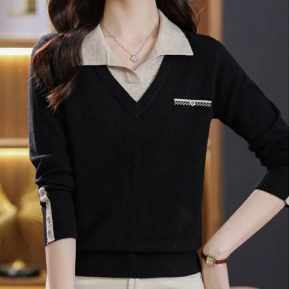 Navava Women Casual 2in1 Collar Long Sleeve Knit Top Nk2802