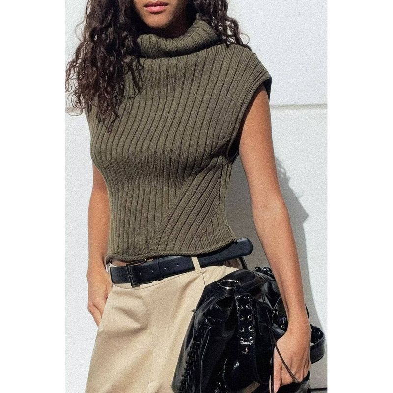 Zbzr Autumn New Women Clothes Western Style Fashion Solid Slim Fit Turtleneck Sleeveless Knit Vest 6771118