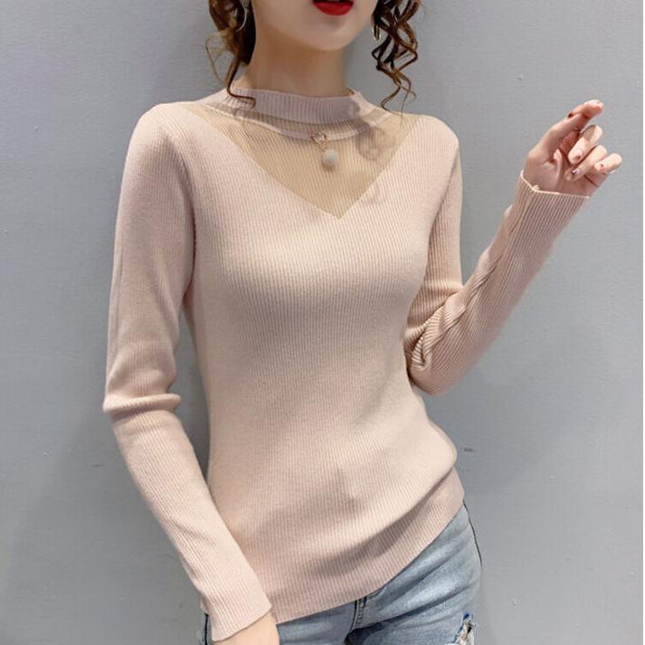 Women's Knitted Bottoming Shirt Fall  Winter Half-high Neck Hollow Mesh Knitted Sweater Slim Long-sleeved Stretchy Pullover Knitted Top Jumper