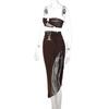 1 Set Skirt Suit Backless High Slit Solid Pleated Asymmetrical Split Thigh Maxi Dress for Daily Life