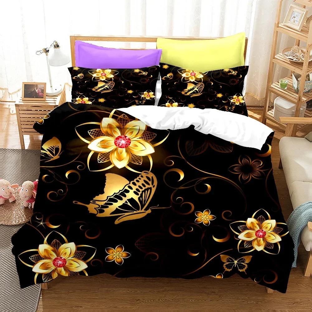Golden Butterfly Påslakanset KingQueen Storlek, Vackert Blått Fjäril Sängkläder Set Kvinnor Insekt Polyester Täcke Överdrag