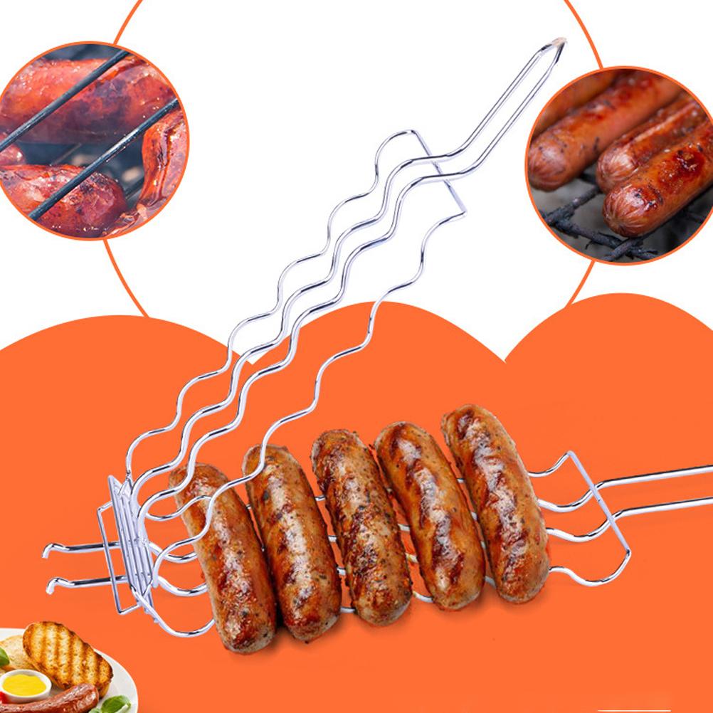 Barbecue Grilling Basket 6 Hot Dogs Metal Barbecue Sausage Rack Grill Mesh Clip Holder Picnic