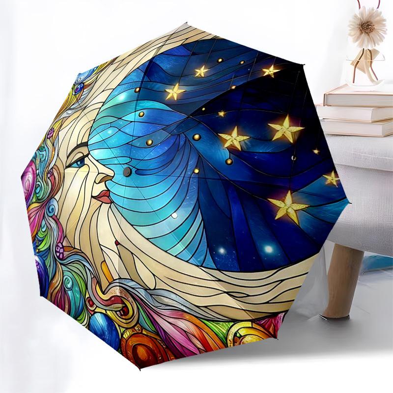 

1pc Stained Glass Moon Starry Sky Auto Open Close Umbrella, Portable Tri-Fold Design with 8-Bone Iron Frame, Outdoor, Gift for Fans, Travelers, Daily