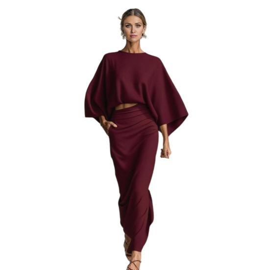 

Summer 2 Piece Skirt Sets for Women Batwing Long Sleeve Top And High Waist Ruched Maxi Skirt Matching Set Summer Vacation Lounge Outfits L вино красного