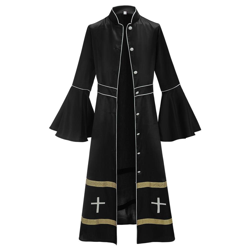Medieval Robe With Cross Embroidery And Gold Trim Vintage Knee-length Coat Church Godfather Priest Costume Halloween Costume