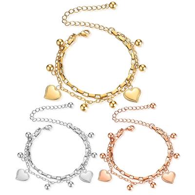 Titanium stalen meerlaagse armband voor vrouwen met ronde kralen en hartjes, verstelbare armband